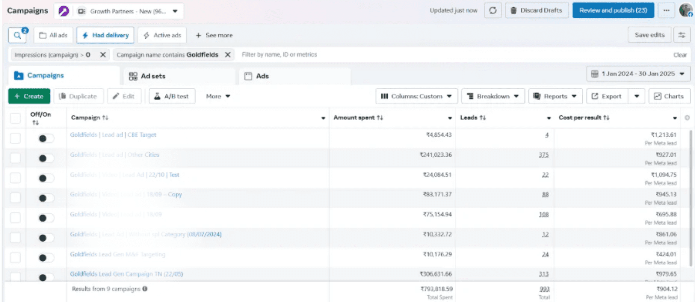 Goldfields real estate Meta Ads account overview — amount spent, leads and cost per lead across 9 campaigns