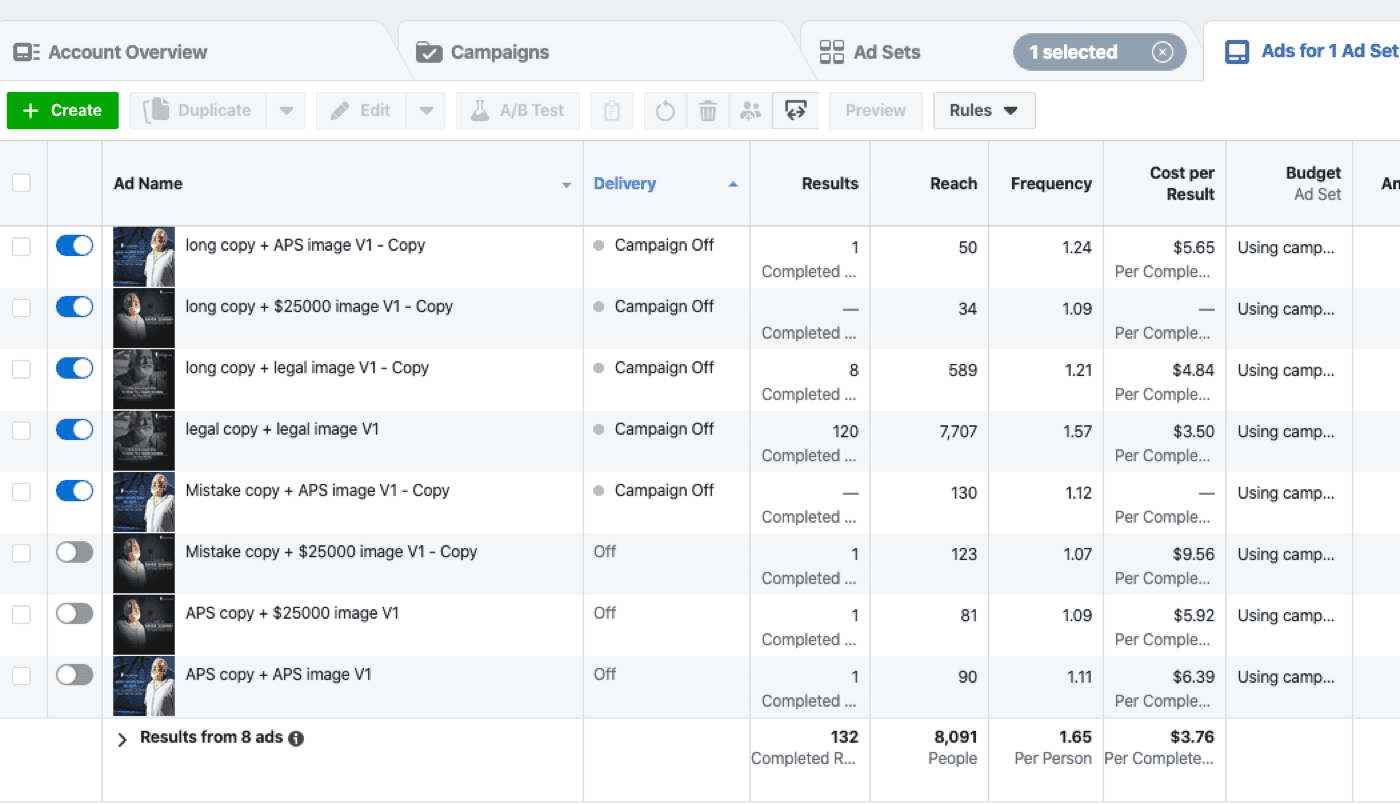 Creative testing — multiple copy and image variants tested per ad set to find the winners.