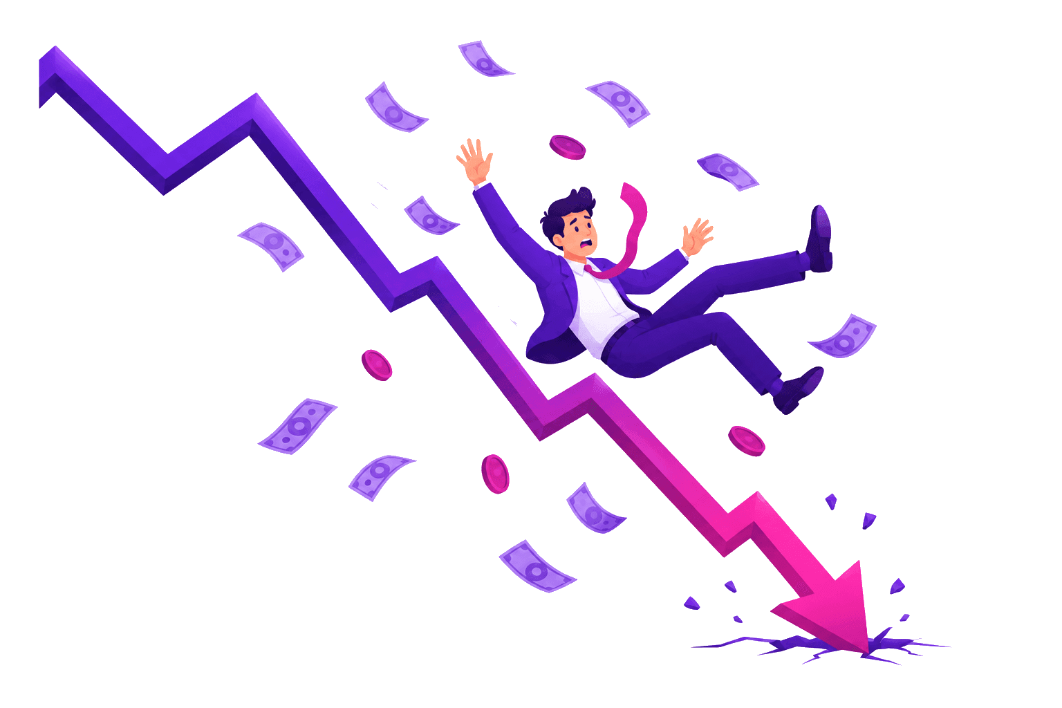 A businessman falling down a crashing revenue graph as money scatters