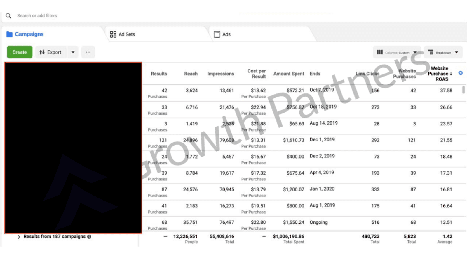 Course creator Meta Ads campaigns — purchases and ROAS