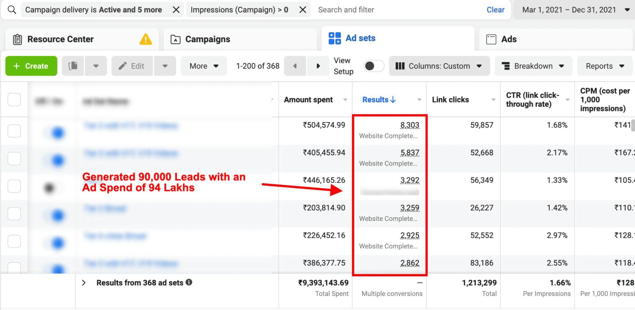 Numerology coach Meta Ads ad sets — webinar registrations, link clicks and spend