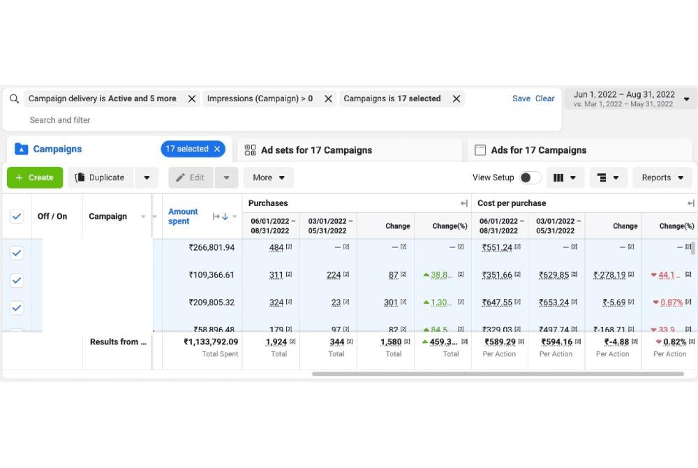 Performance coach Meta Ads campaigns — registrations and change over time