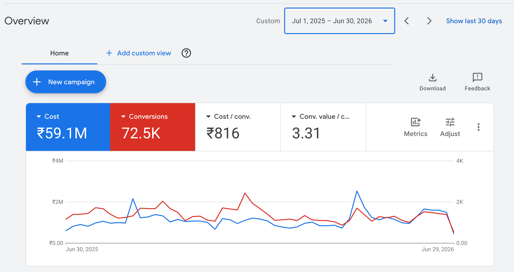 Indian beauty brand Google Ads account overview — cost, conversions, cost per conversion and ROAS over 12 months