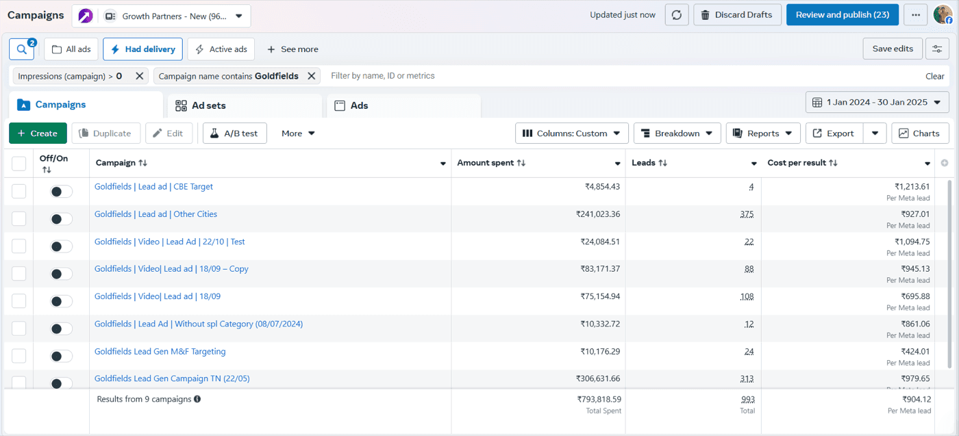 Meta Ads — Goldfields campaigns driving leads across India and abroad targeting.